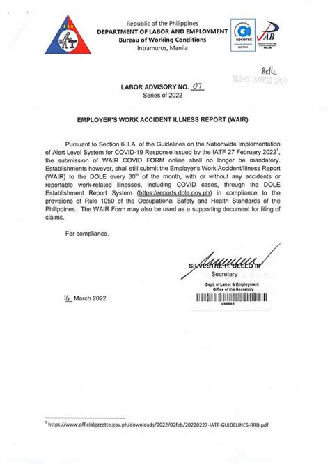 Work Accident Illness Report (Labor Advisory No. 07, Series of 2022).
